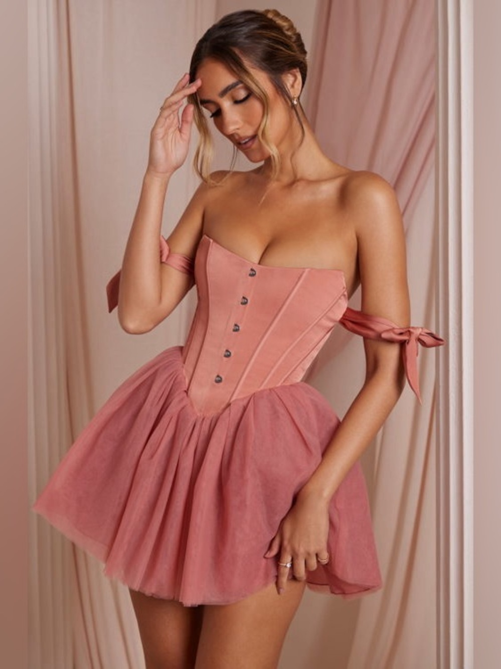 🌺 OH POLLY Reine Corset Tulle Mini Dress in Terracotta. Size US 2.  Great Cond!!